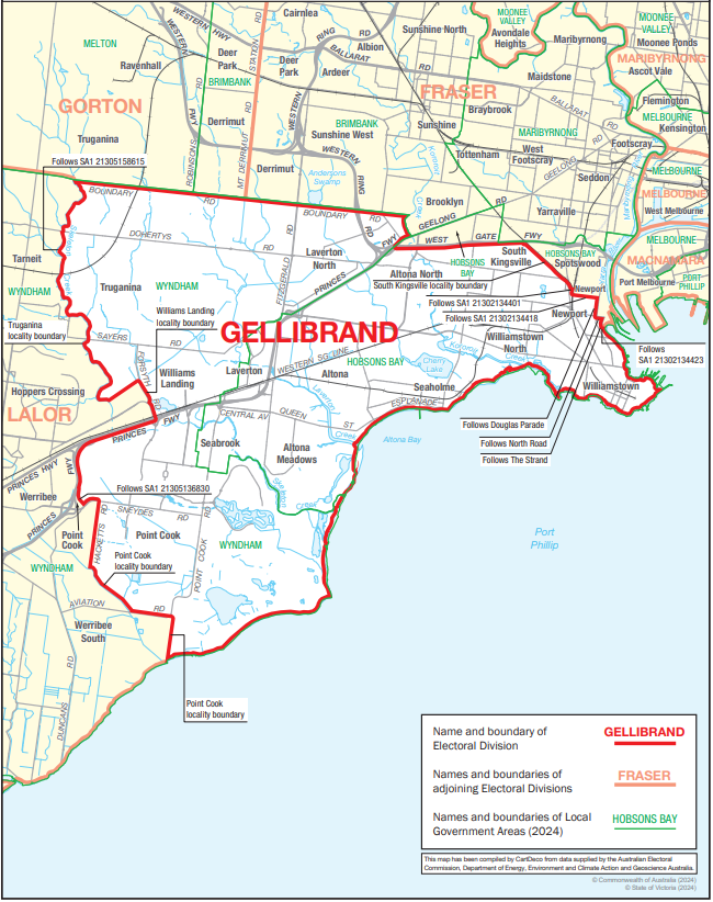 2025 boundaries for Gellibrand includes part of the Hobsons Bay City Council, and some suburbs within Wyndham City Council.